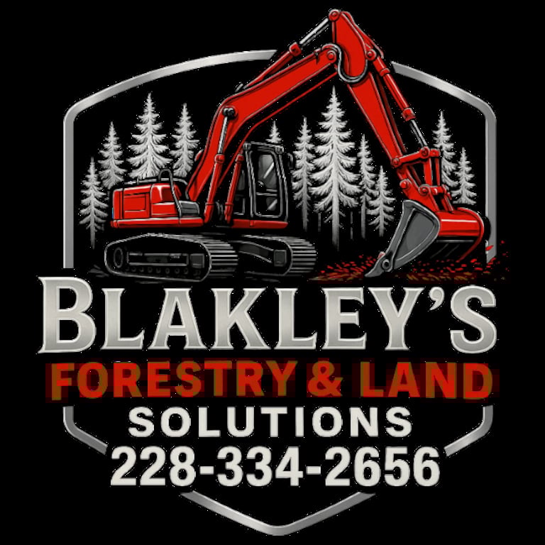 Red excavator logo for Blakleys Forestry and Land Solutions with contact number 228-334-2656